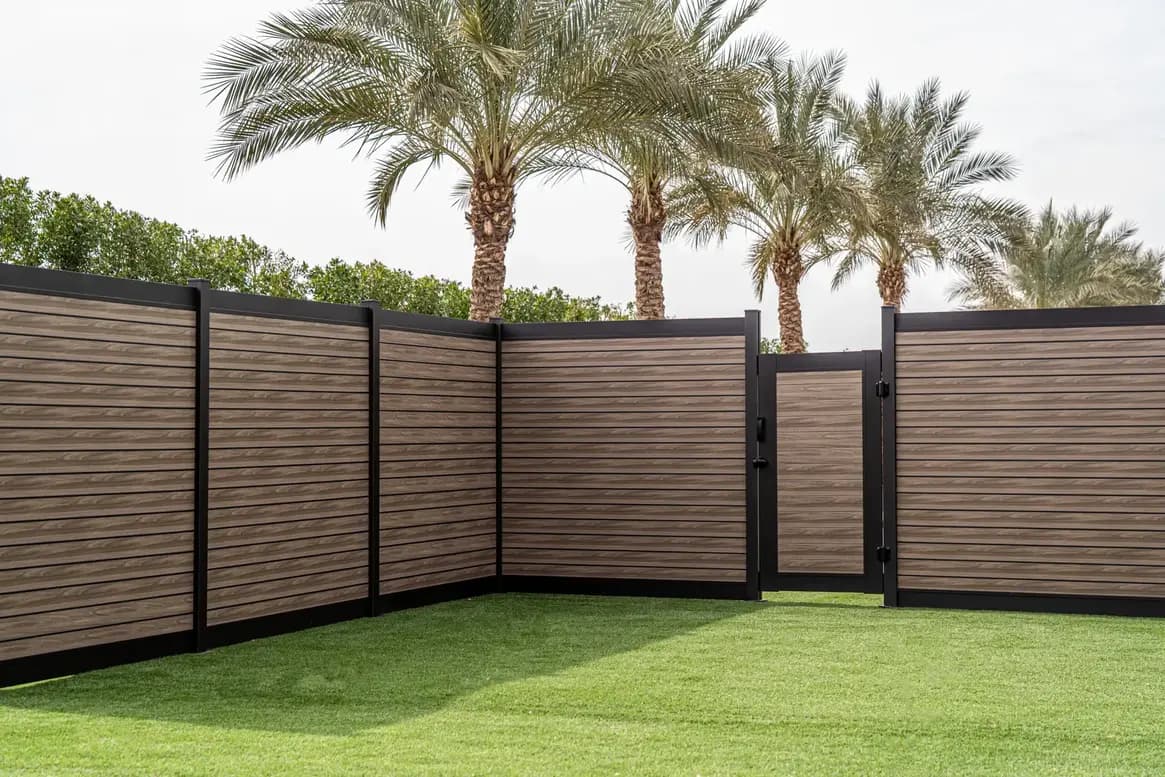 Walnut wood-grain aluminum privacy fence with a matching gate enclosing a backyard with palm trees