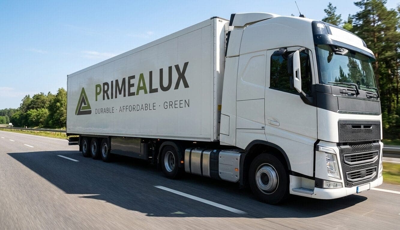 Illustration of a PrimeAlux-branded delivery truck on a highway