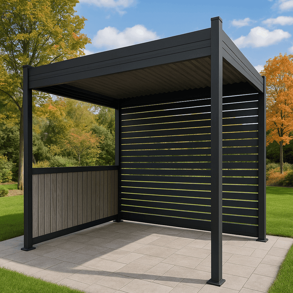 Aluminum pergola with a grey walnut louvered roof and PL-0598 grey brown wood-grain back wall panels