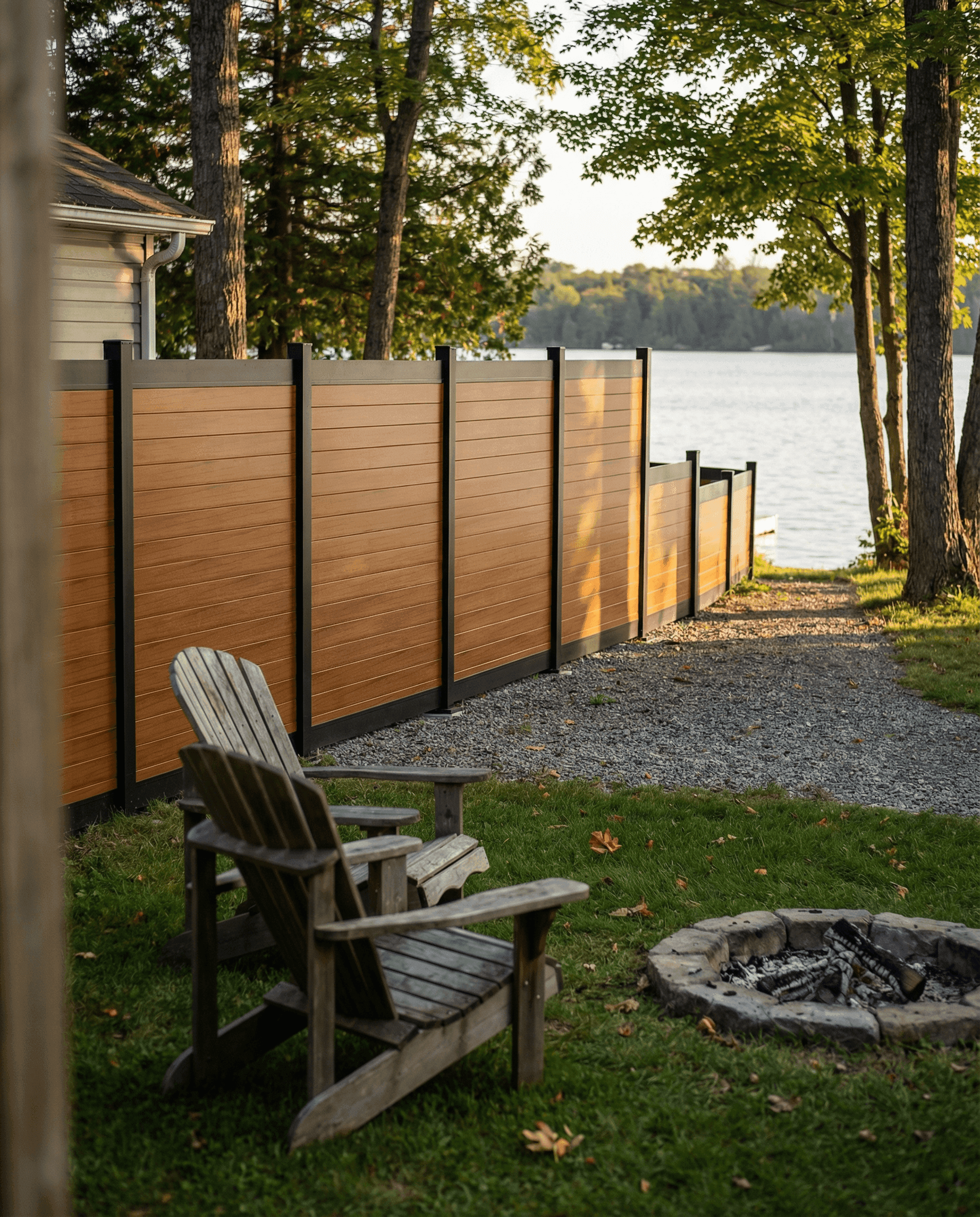 Panneaux de clôture Privacy Plus en aluminium horizontaux PrimeAlux à grain de bois teck, à construction à âme en mousse, installés dans une cour arrière résidentielle canadienne