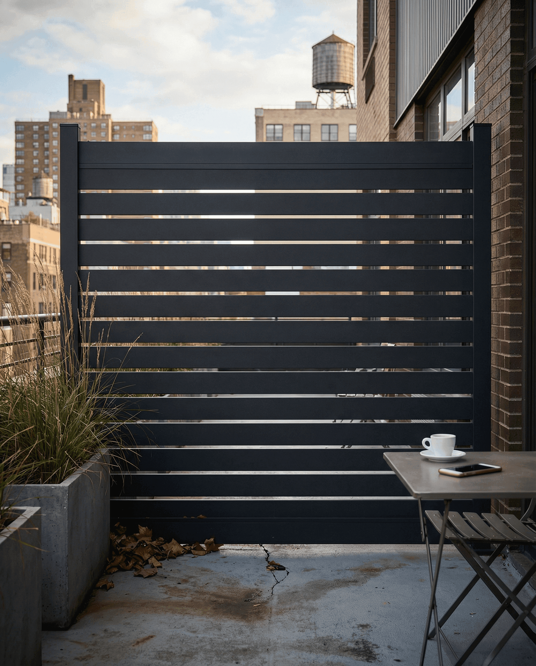 Panneaux semi-intimité horizontaux en aluminium noir charbon installés le long d’une ligne de clôture résidentielle au Canada