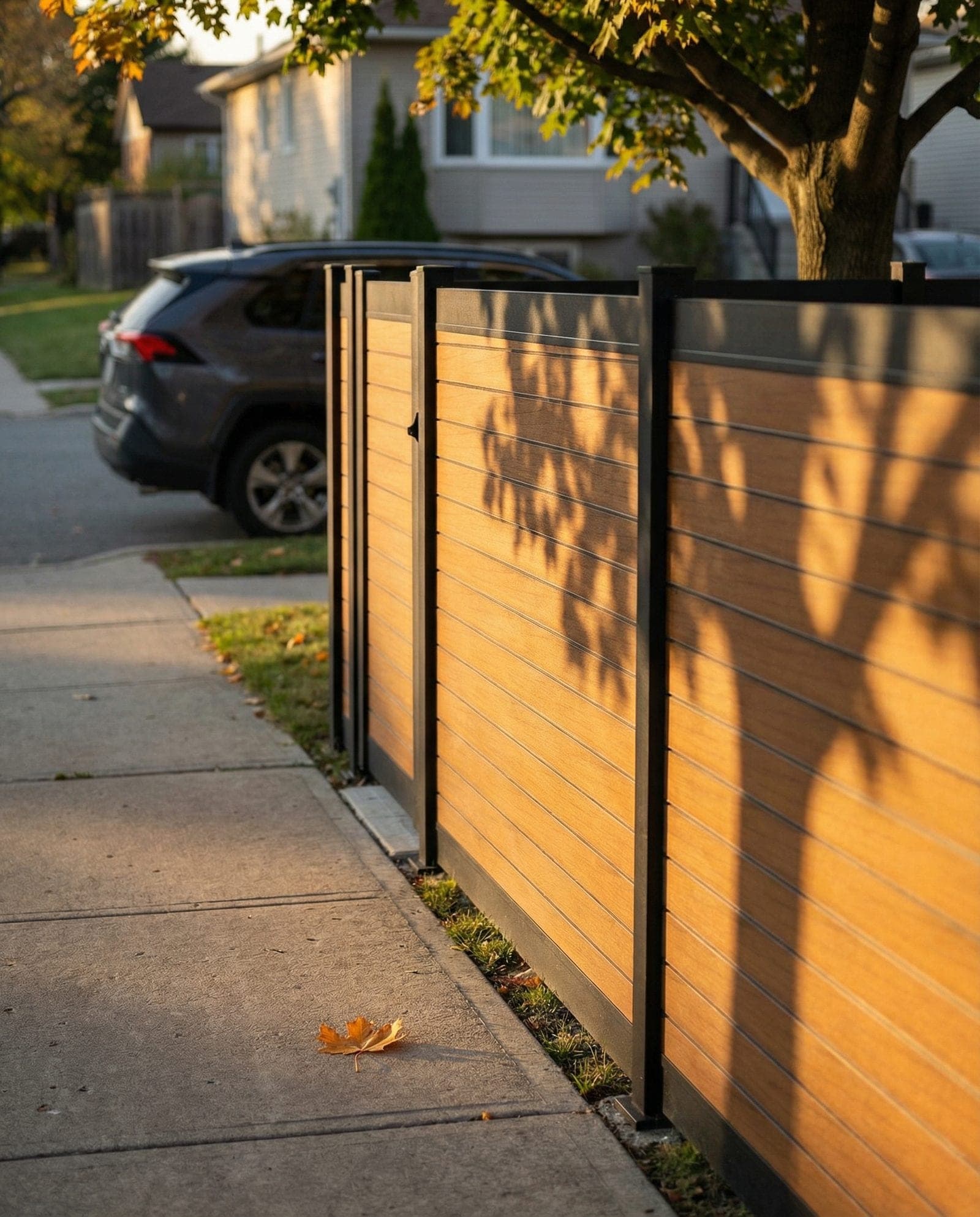 Clôture d’intimité en aluminium horizontale à finition imitation bois de teck avec cadre noir installée le long d’une limite de propriété de cour avant au Canada