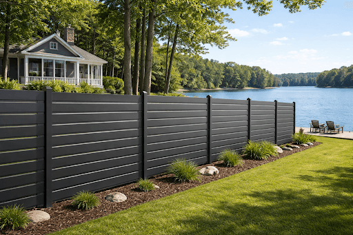 Black aluminum fence installed beside a lake on a Canadian residential property at dusk
