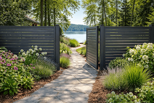 aluminum fence cost and property value with gate beside a lake