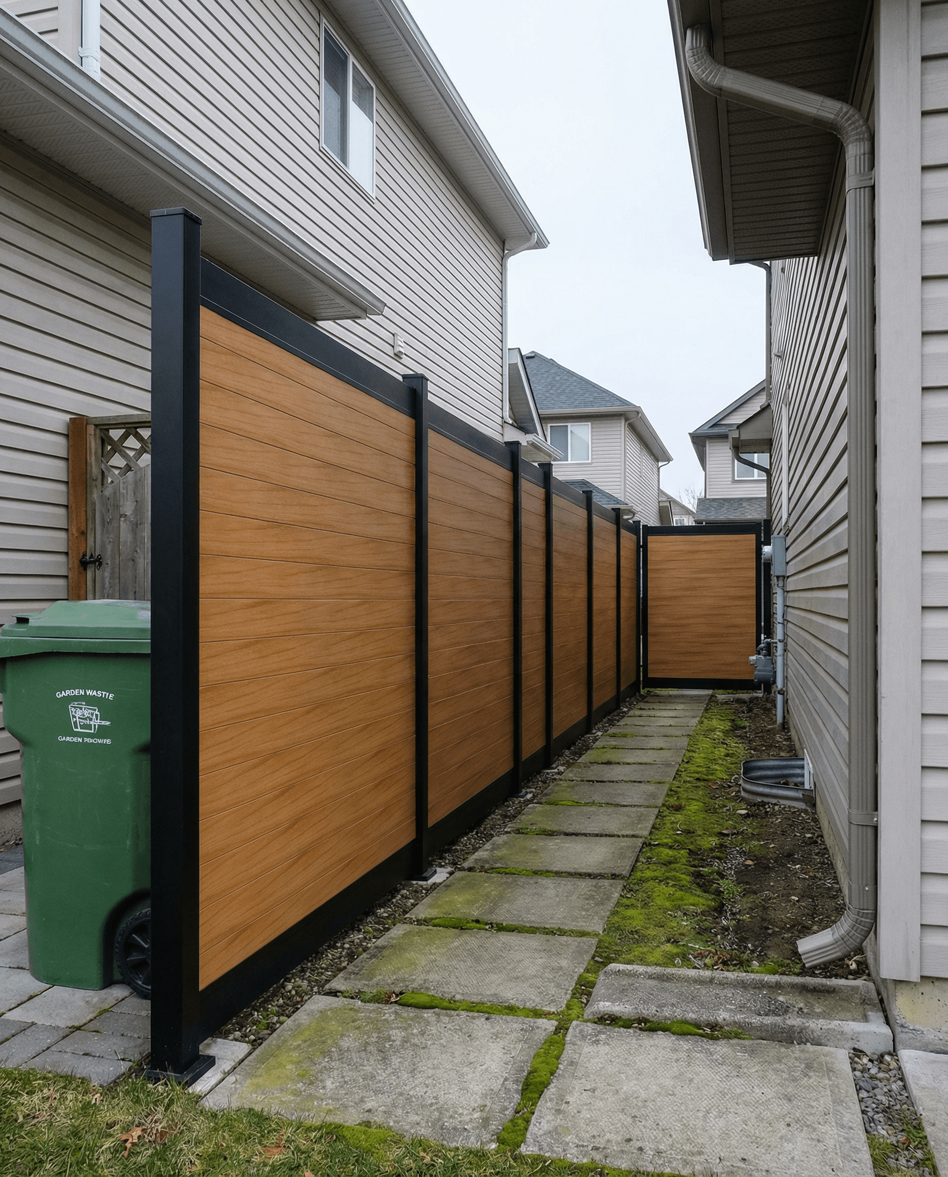 Horizontal teak wood-grain aluminum privacy fence with black frame — full solid slat privacy for Canadian homeowners