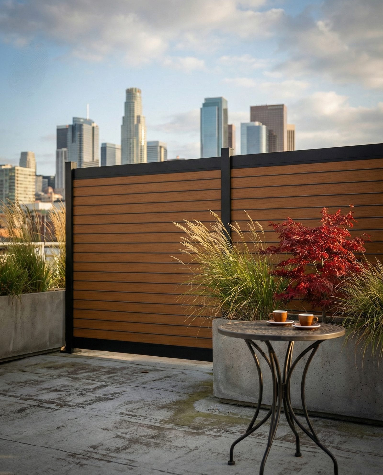 Horizontal teak wood-grain aluminum Privacy Plus fence panels installed outdoors